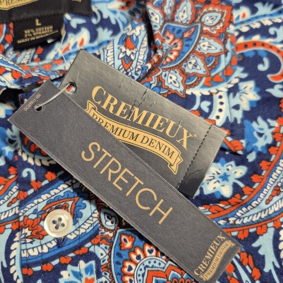 CREMIEUX PREMIUM DENIM Mens Size L Paisley Shirt Stretch Blue Short Sleeve [46] - Picture 10 of 12